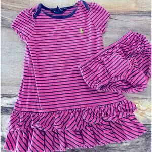 Ralph Lauren | Girls Size 18 Months Pink Navy Striped Ruffle Skirt Dress